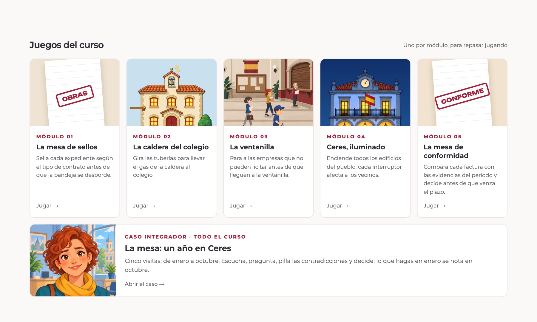 Los juegos del curso: uno por módulo y un caso integrador con personajes