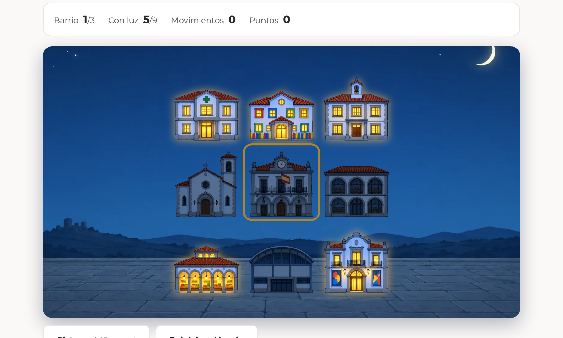 El juego «Ceres, iluminado»: un pueblo de noche con unos edificios encendidos y otros apagados