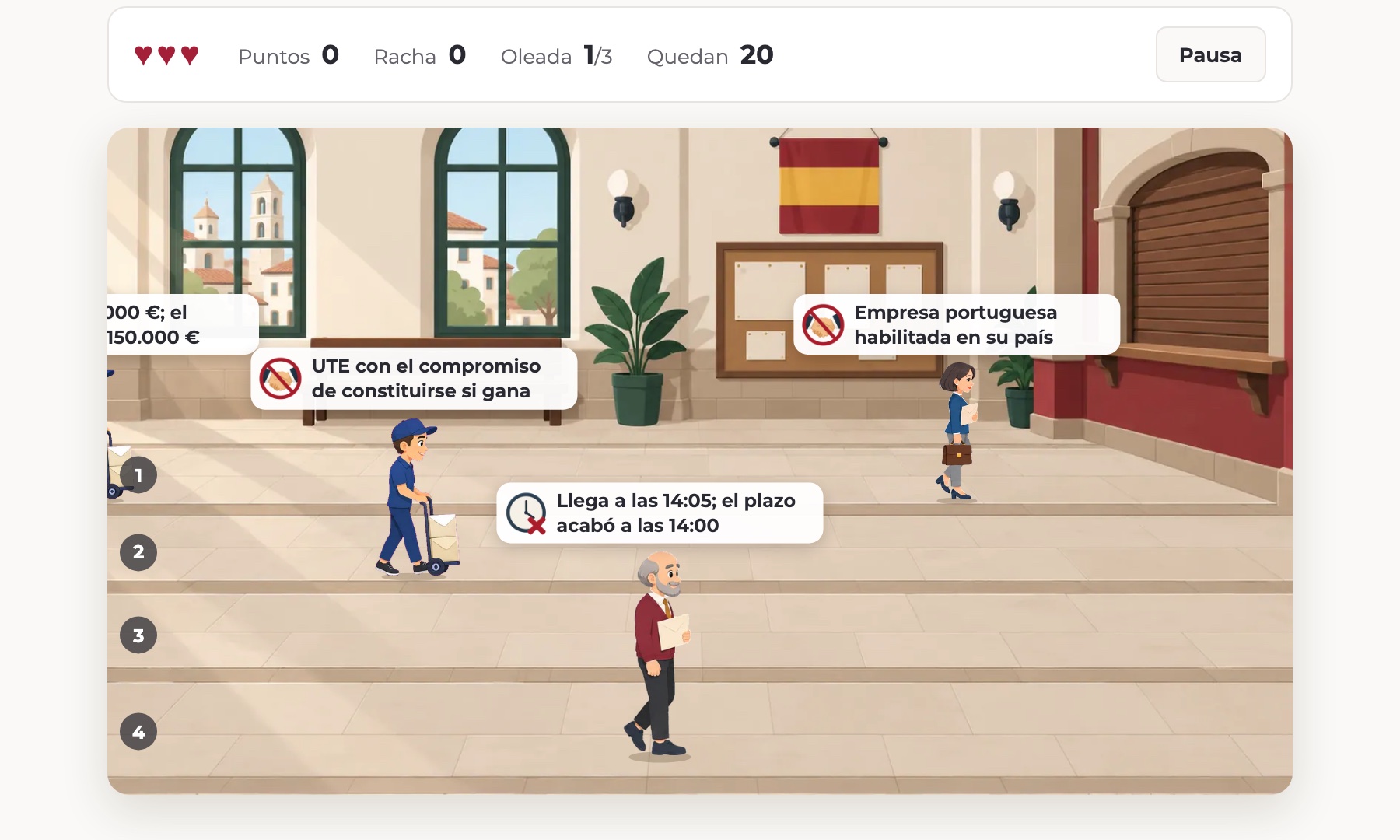 El juego «La ventanilla»: empresas con su cartel avanzan por cuatro carriles hacia la ventanilla