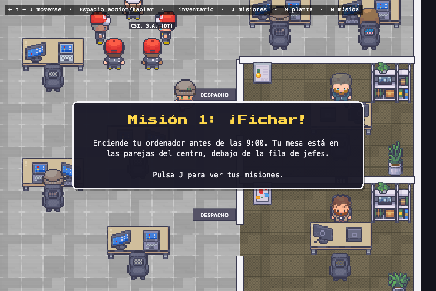 The Office Game: la oficina vista desde arriba, con la primera misión en pantalla
